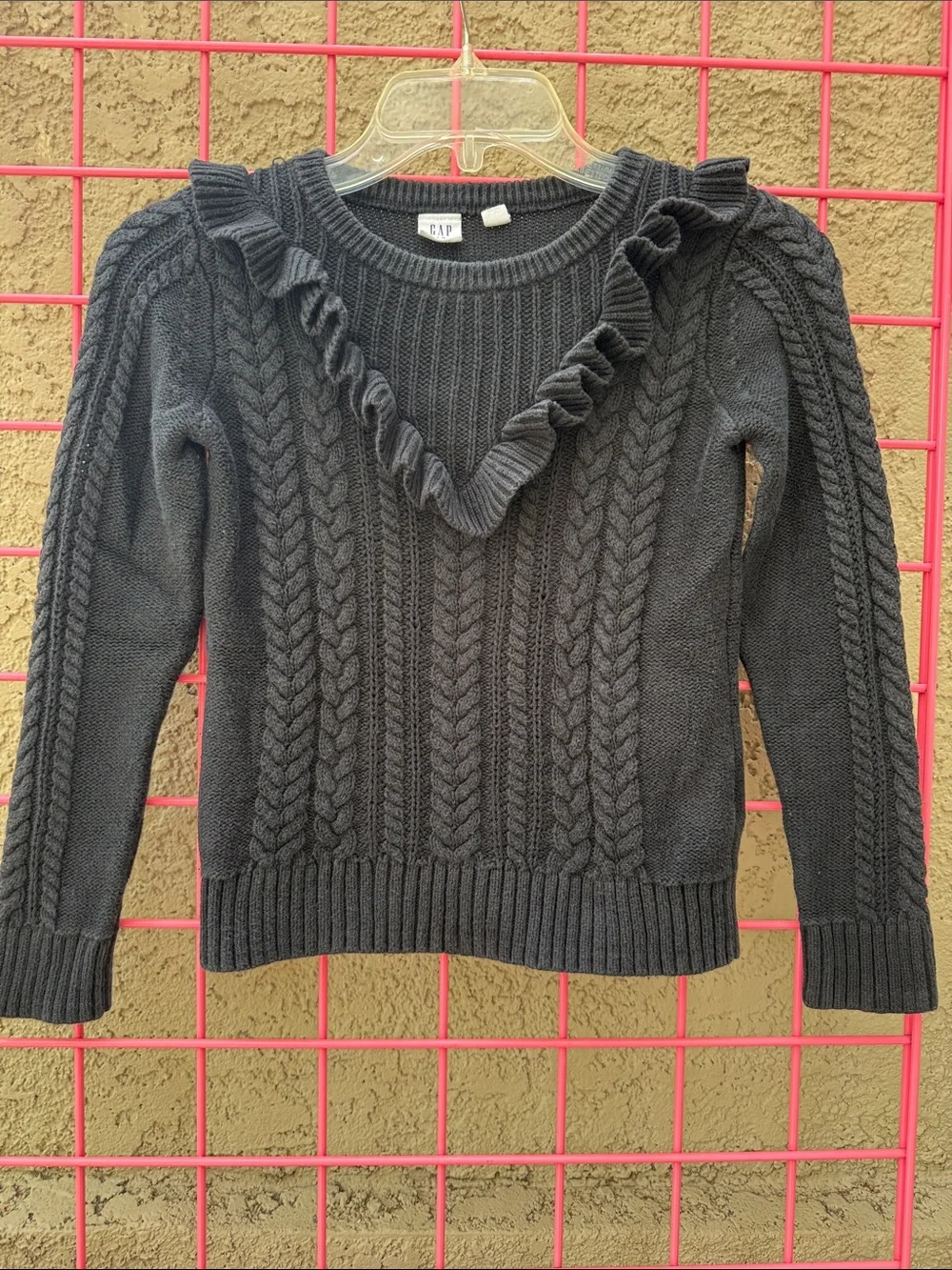Black GAP Cable-Knit Ruffle Scoop Cotton Sweater